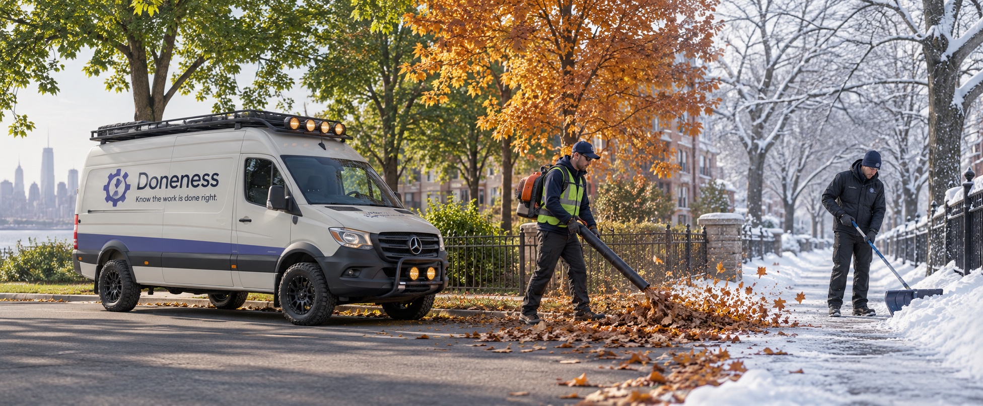 A Doneness van parked on a city street while one crew member clears leaves and another clears snow from the sidewalk