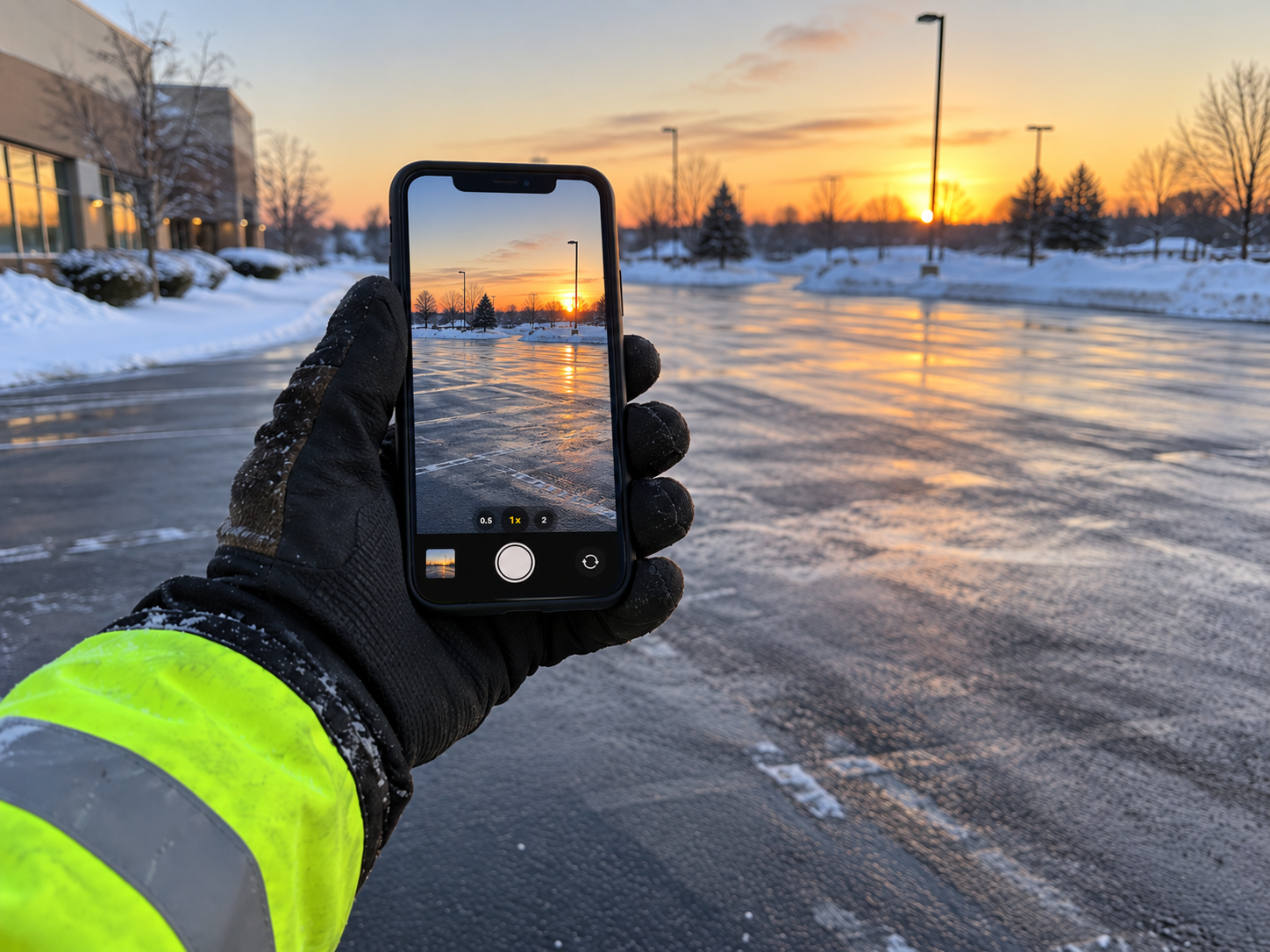 Gloved hand holding a phone running the Doneness app, cleared lot behind, early morning