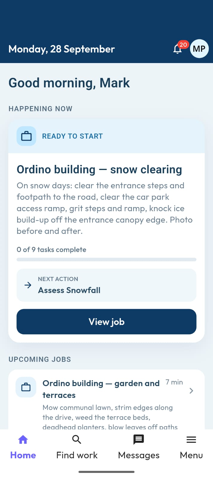 Doneness app home screen showing the job happening now and its next action