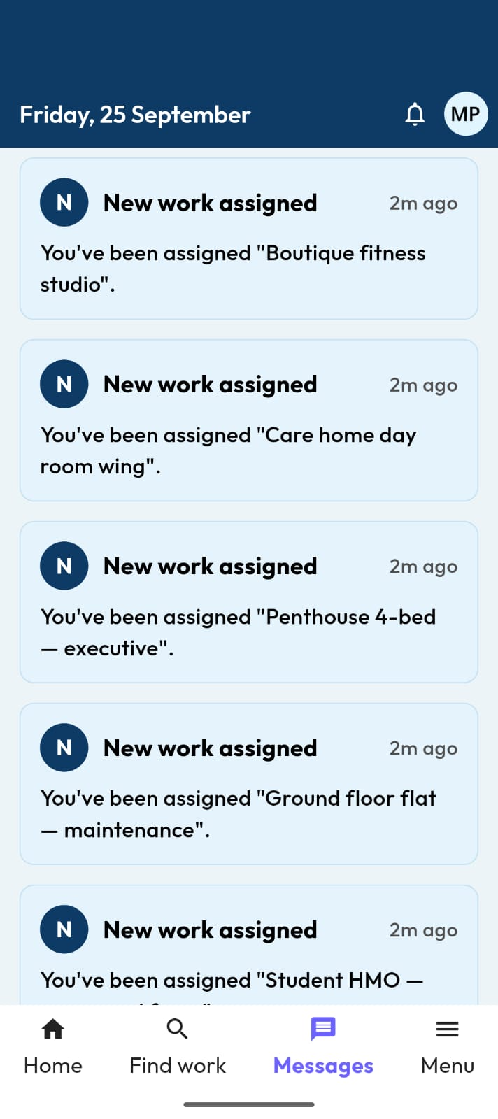 App messages: new work assigned notifications