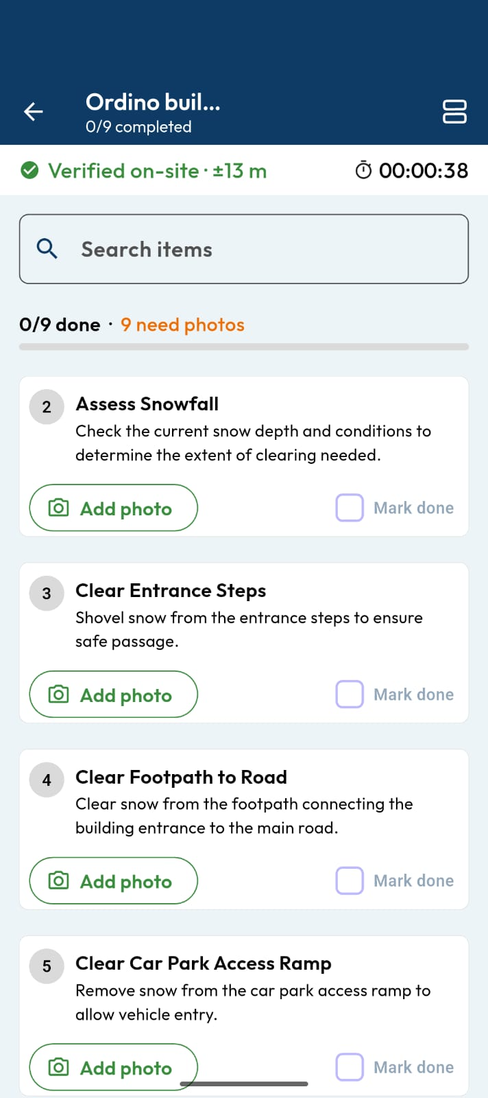 Doneness app task list, verified on site to ±13 m, with nine tasks needing photos
