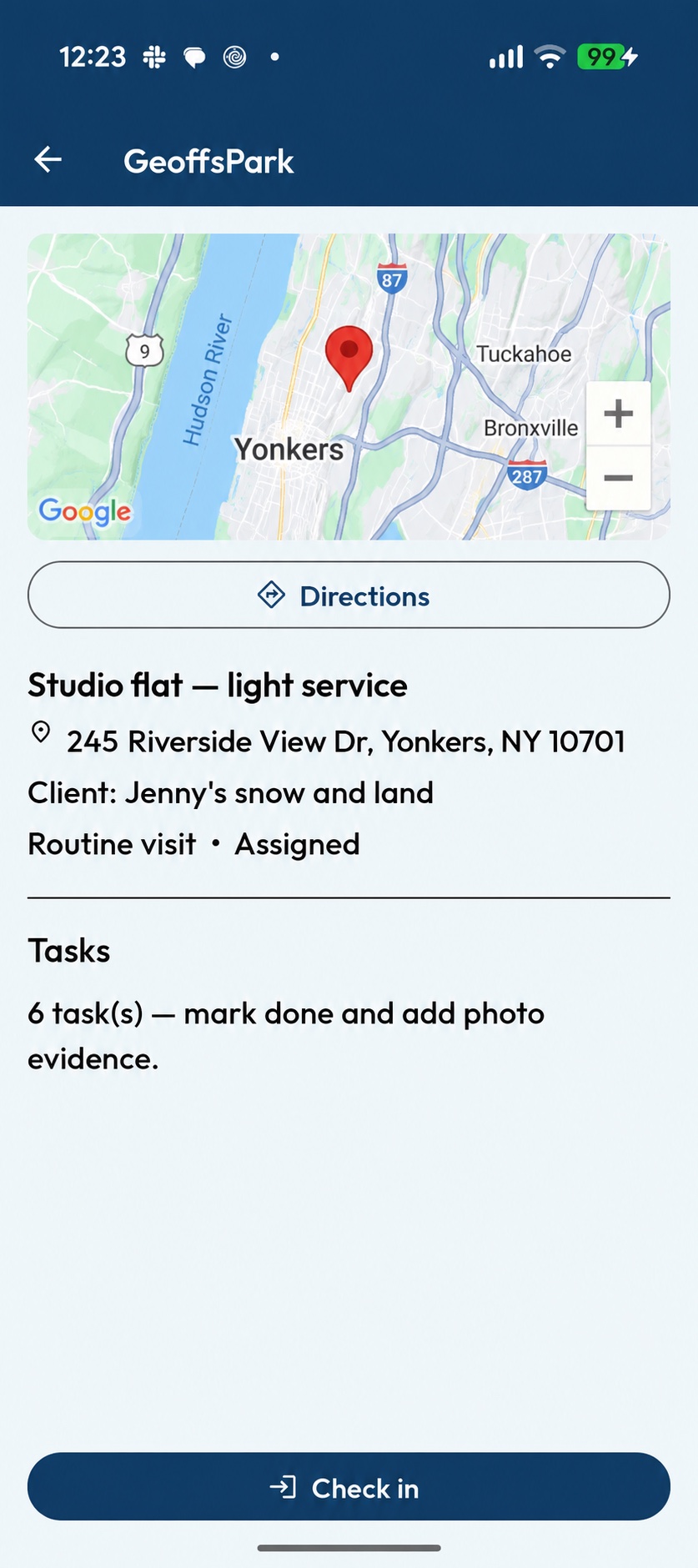 Work order screen: the site on a map, directions, the job details and the check-in button