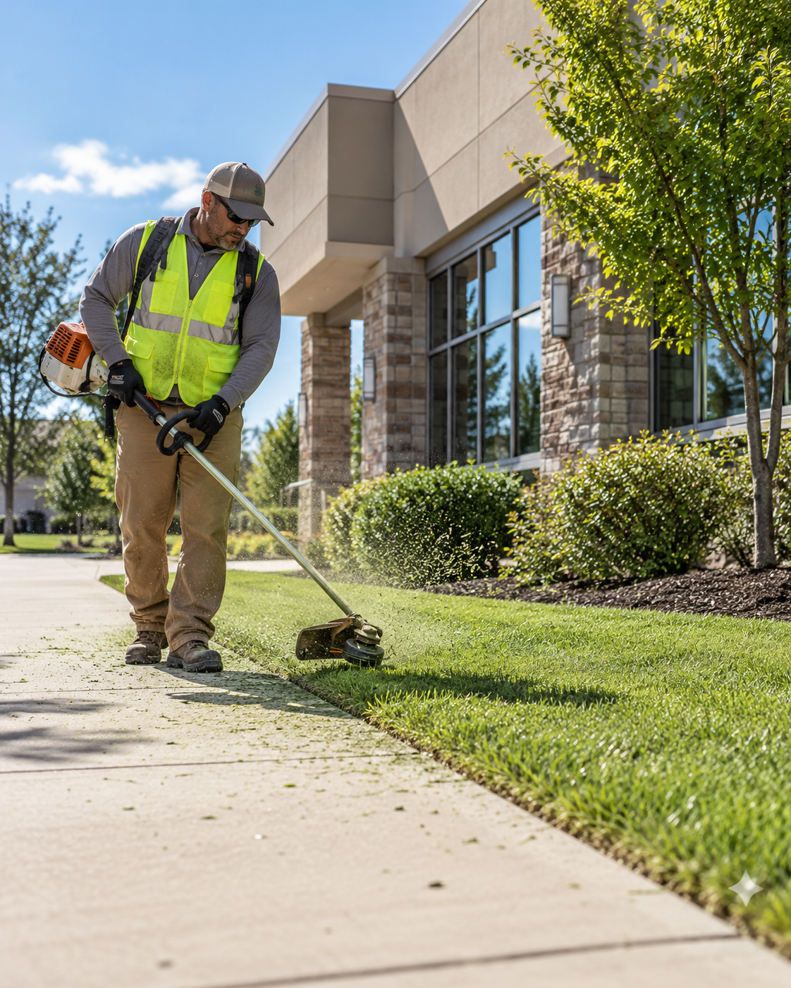 Crew member edging a lawn beside a commercial building at midday