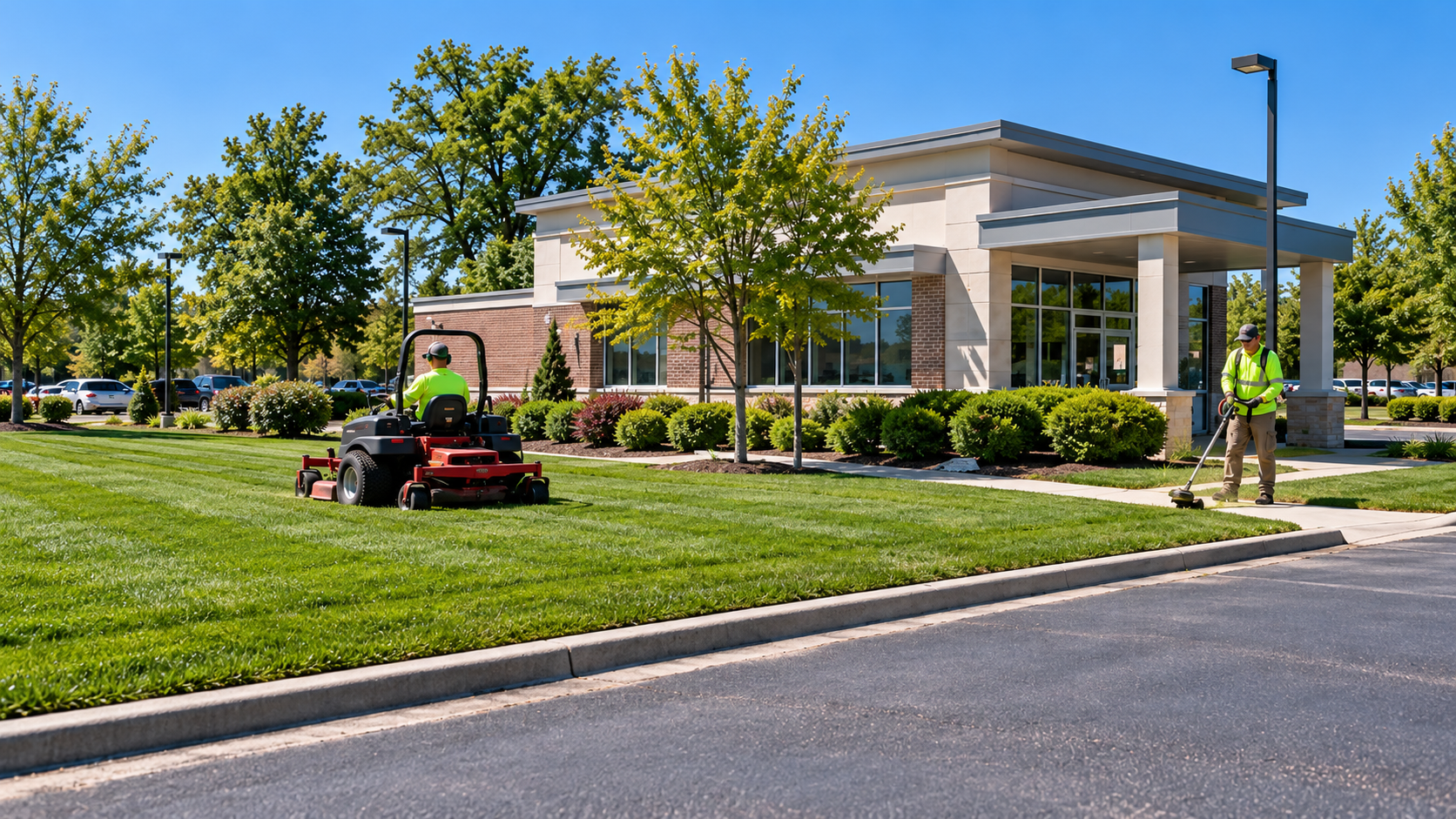 Crew mowing and edging outside a bank branch at midday