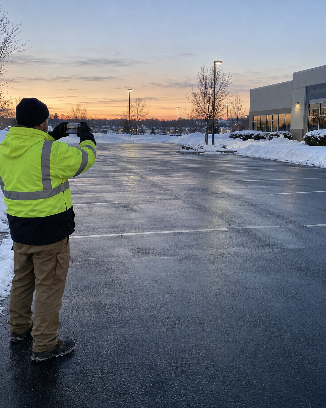 Crew member photographing a cleared parking lot at first light