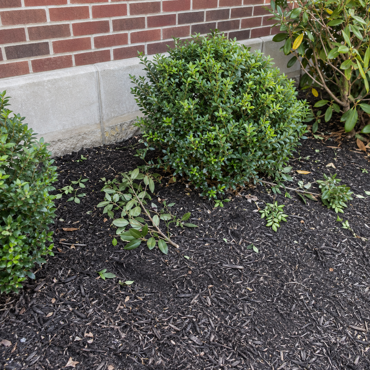 Cut branches left in a mulch bed beside a bank branch