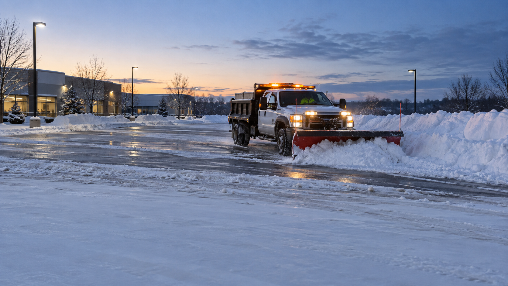 Plow clearing a parking lot at dawn with its lights on