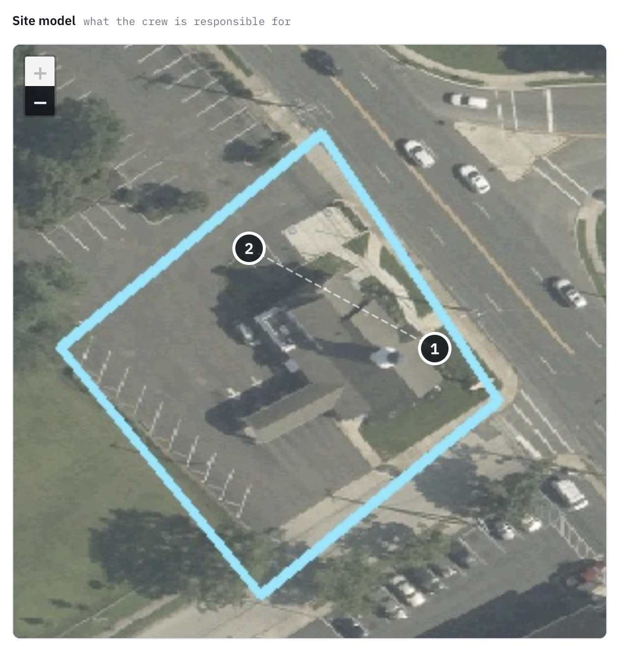Site model: a boundary around a bank branch with two of three zones covered by evidence