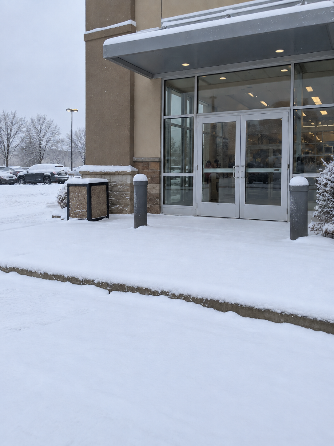 Before: a snow-covered store entrance and walkway