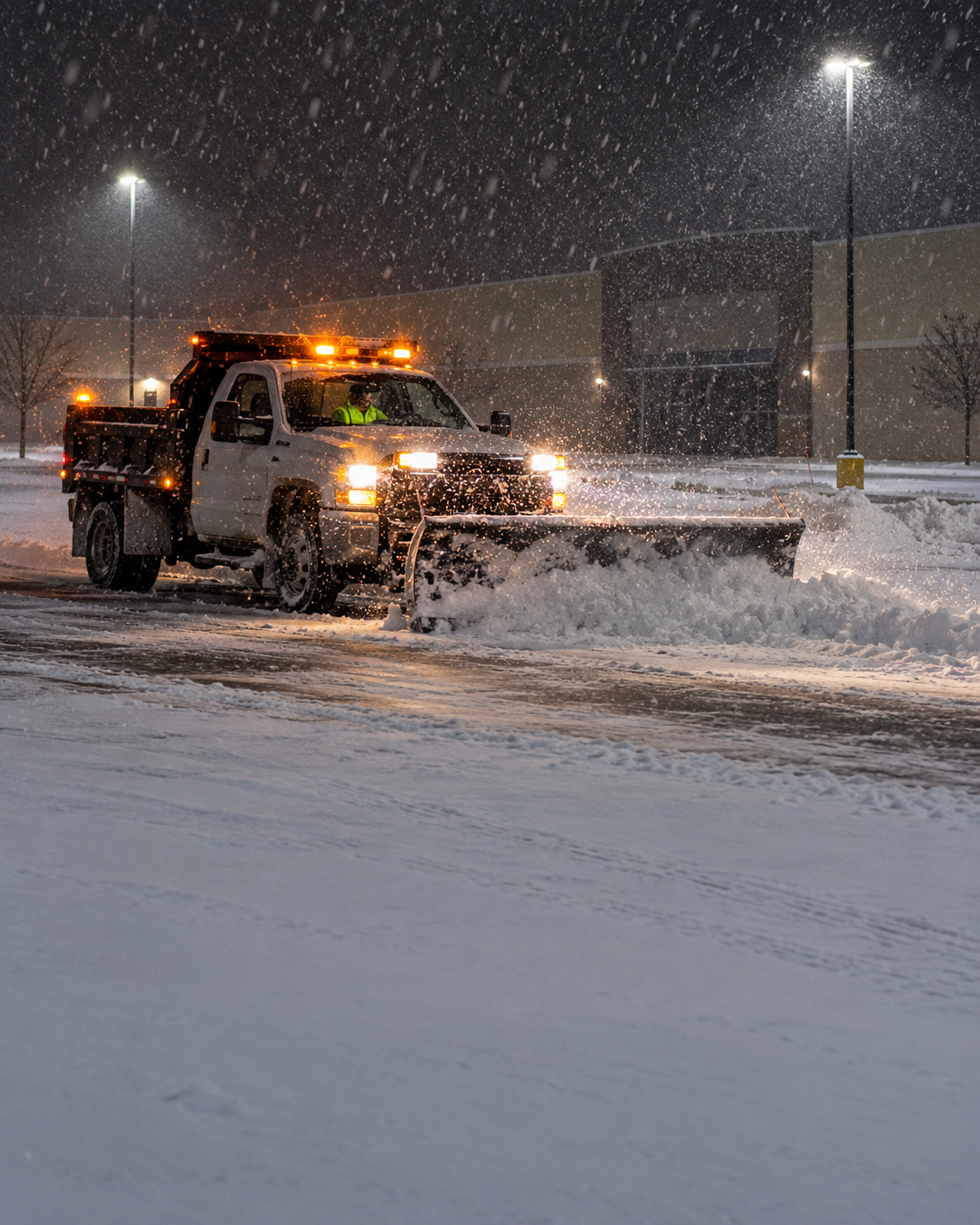 Plow clearing a retail parking lot before dawn with its lights on